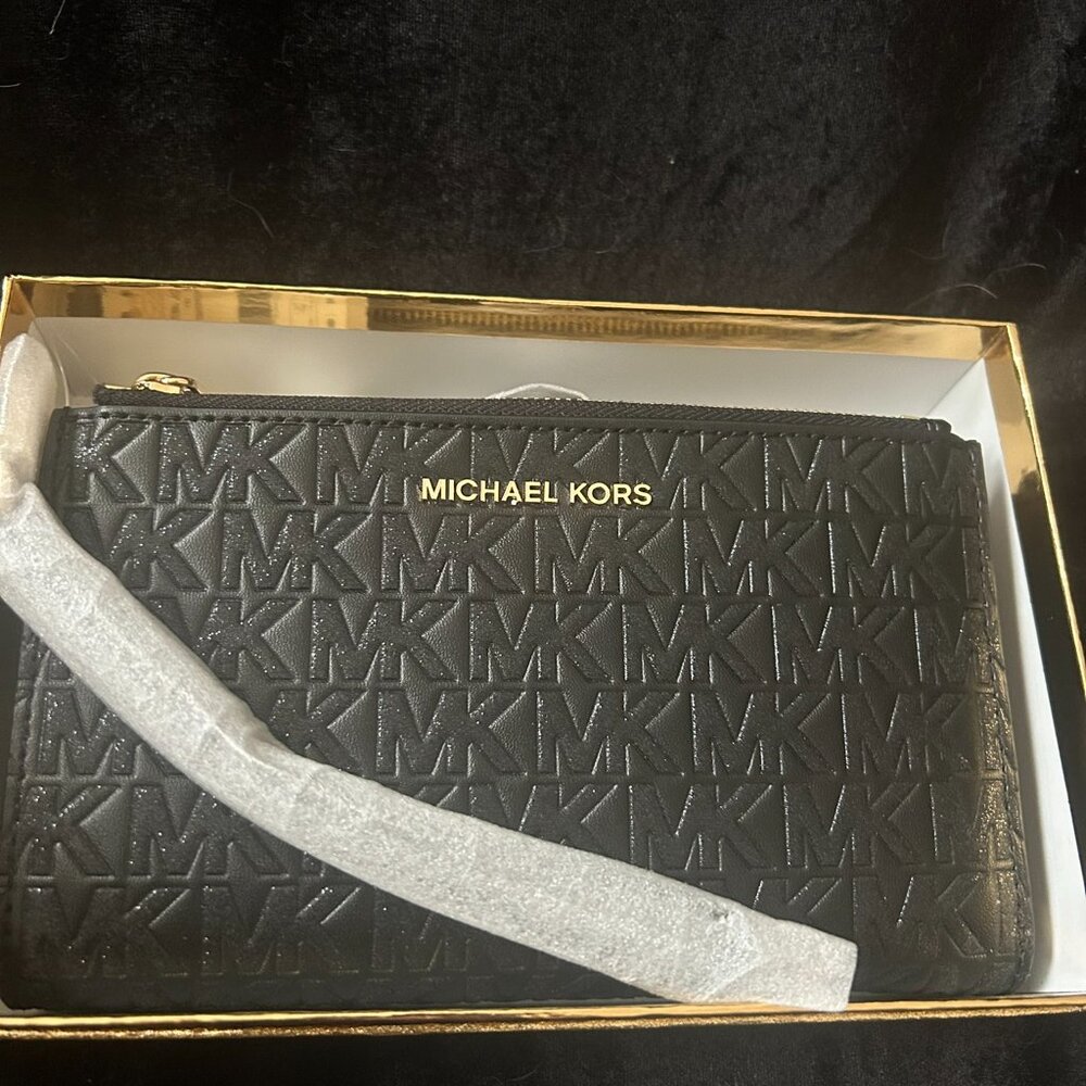 Michael Kors Black Embossed MK Wristlet Clutch with Gold Logo